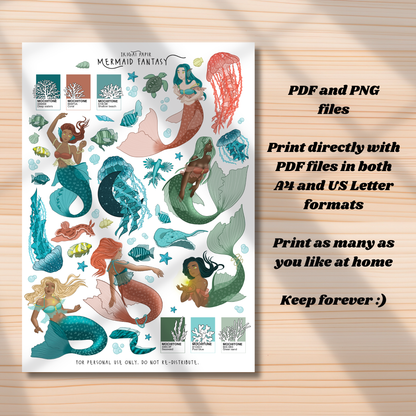 Mermaid Fantasy Printable Stickers *DIGITAL*