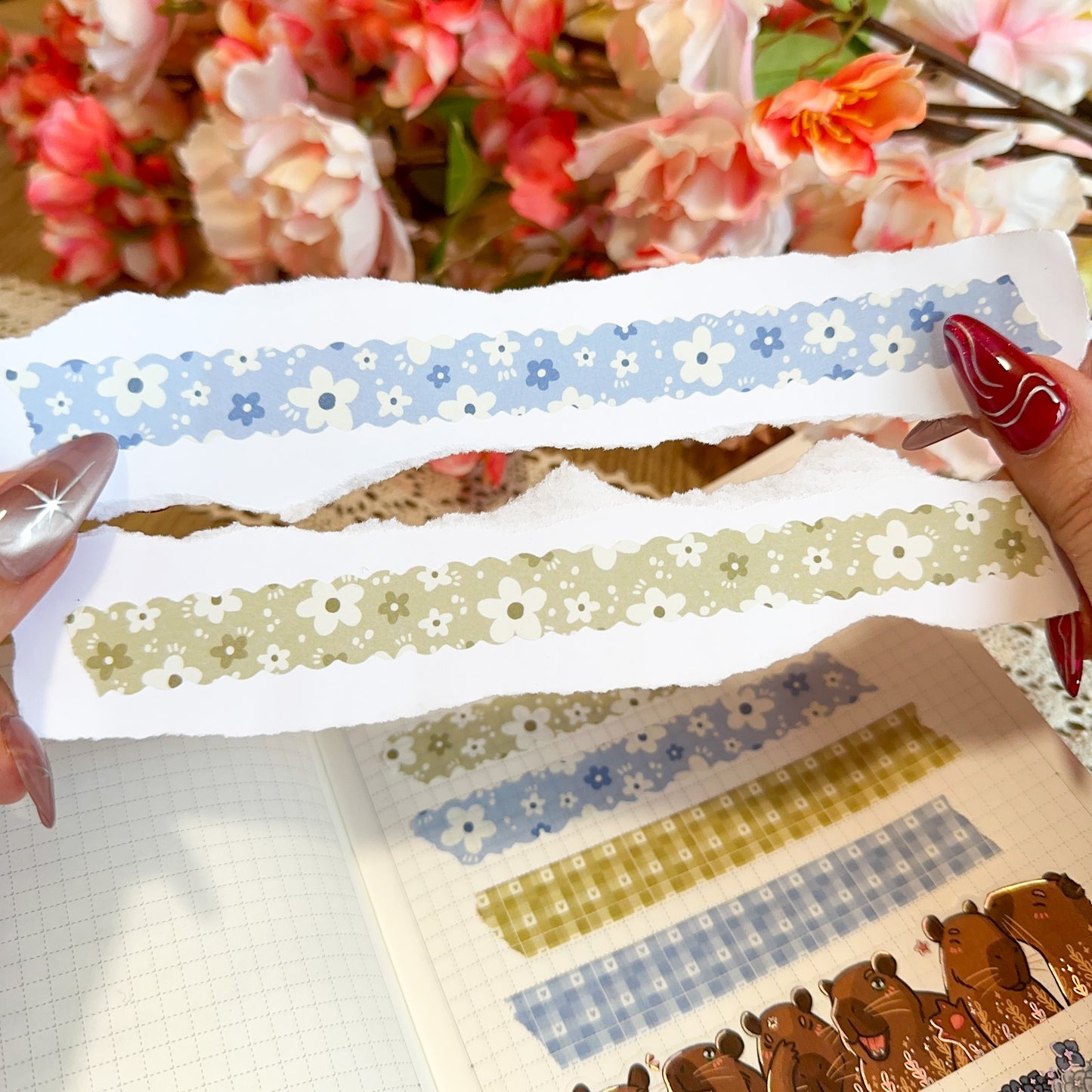 Green Whimsical Florals Scalloped Washi Tape
