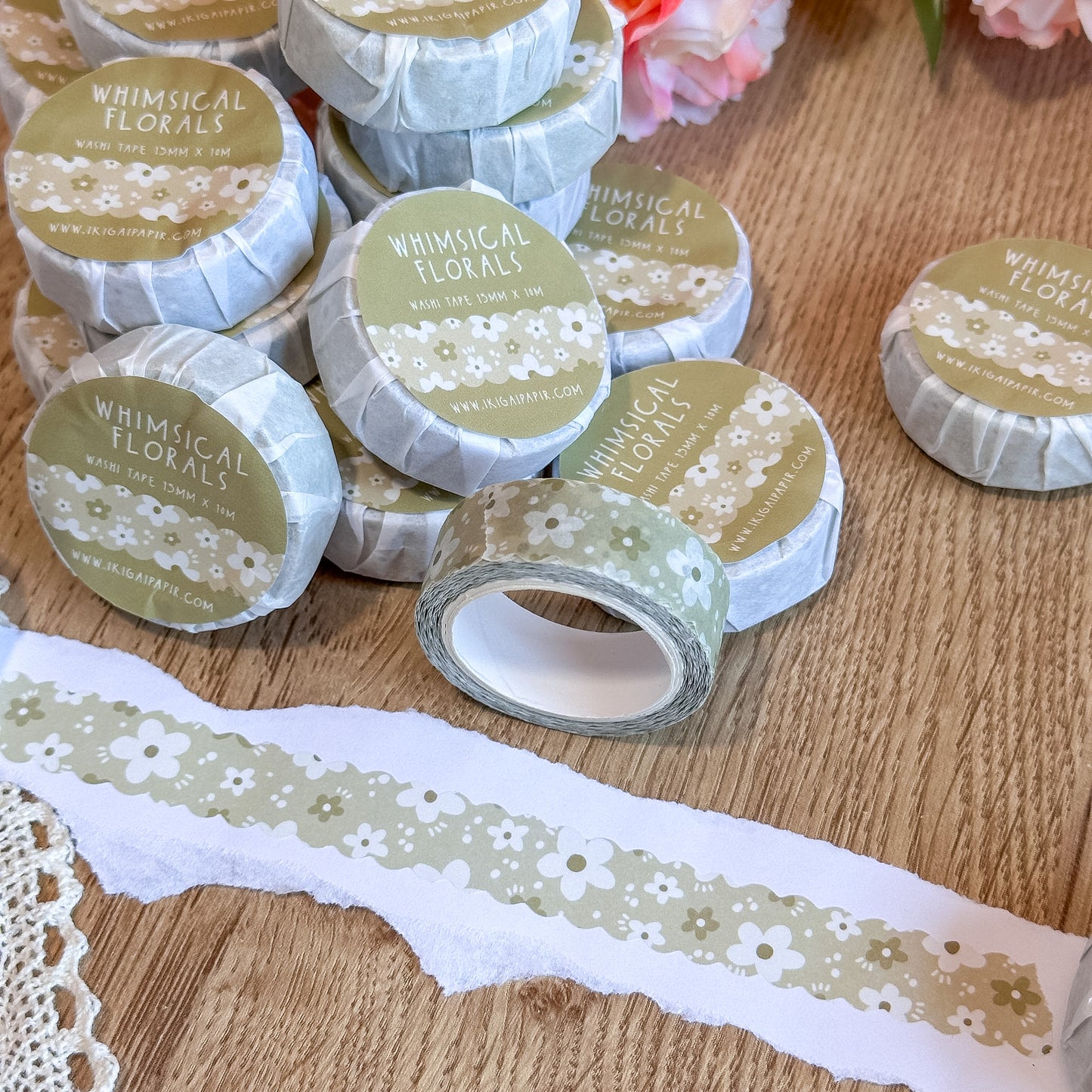 Green Whimsical Florals Scalloped Washi Tape